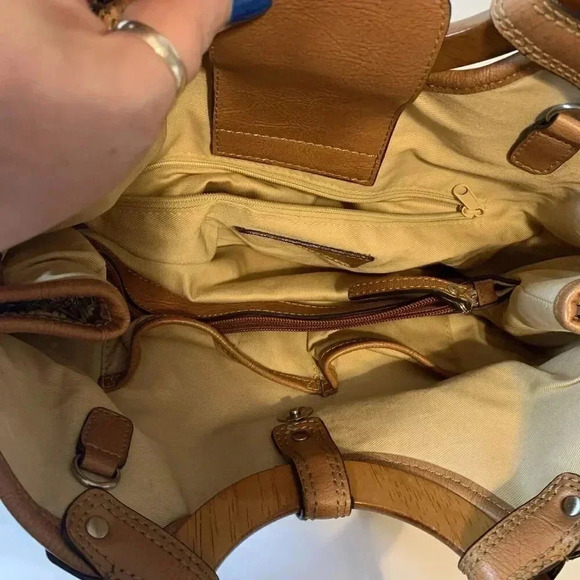 Vtg Fossil Pastel Basket‎ Weave Straw Wood Handle Leather Trim Bag (No Strap) - Picture 9 of 13